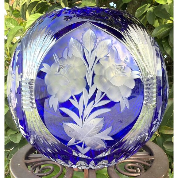 Bohemian Crystal Cobalt Blue Cut to Clear Large Rose Bowl 7” - Picture 7 of 11